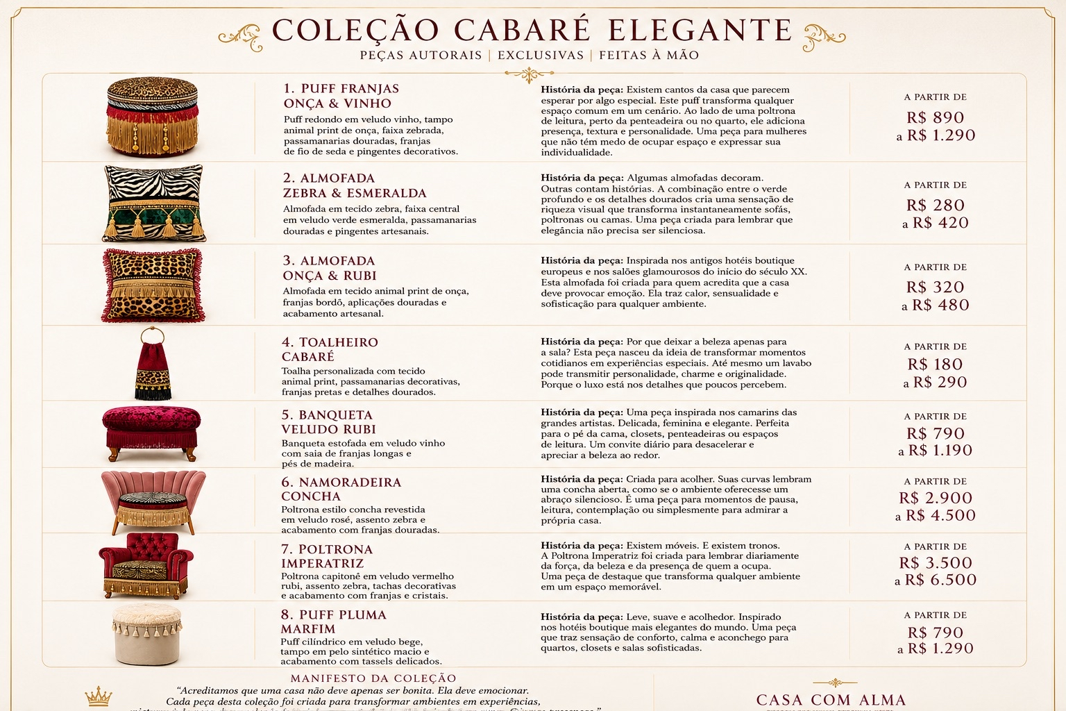 Ficha completa com imagens, especificações, histórias e valores da Coleção Cabaré Elegante.