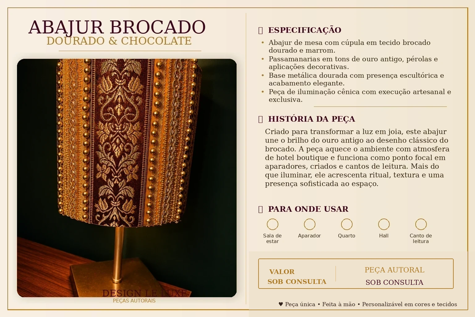 Página do produto Abajur Brocado Dourado e Chocolate com narrativa, especificações e valor sob consulta.
