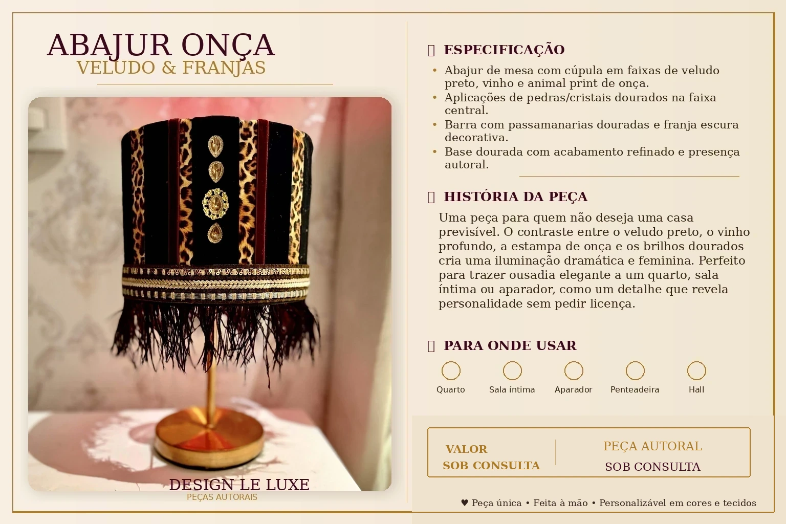 Página do produto Abajur Onça Veludo e Franjas com narrativa, especificações e valor sob consulta.