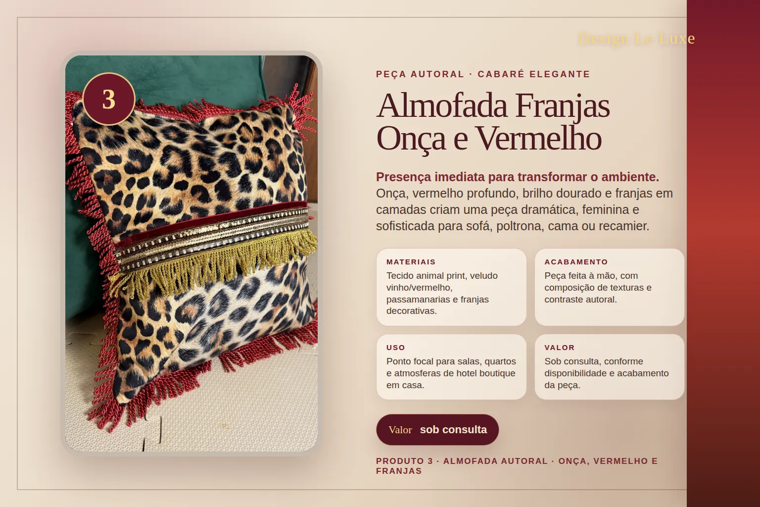 Página horizontal do produto Almofada Franjas Onça e Vermelho com narrativa, especificações e valor sob consulta.