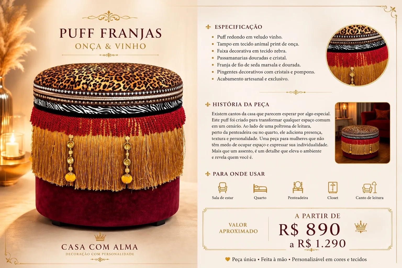 Página do produto Puff Franjas Onça e Vinho com especificação, história, usos e valor.