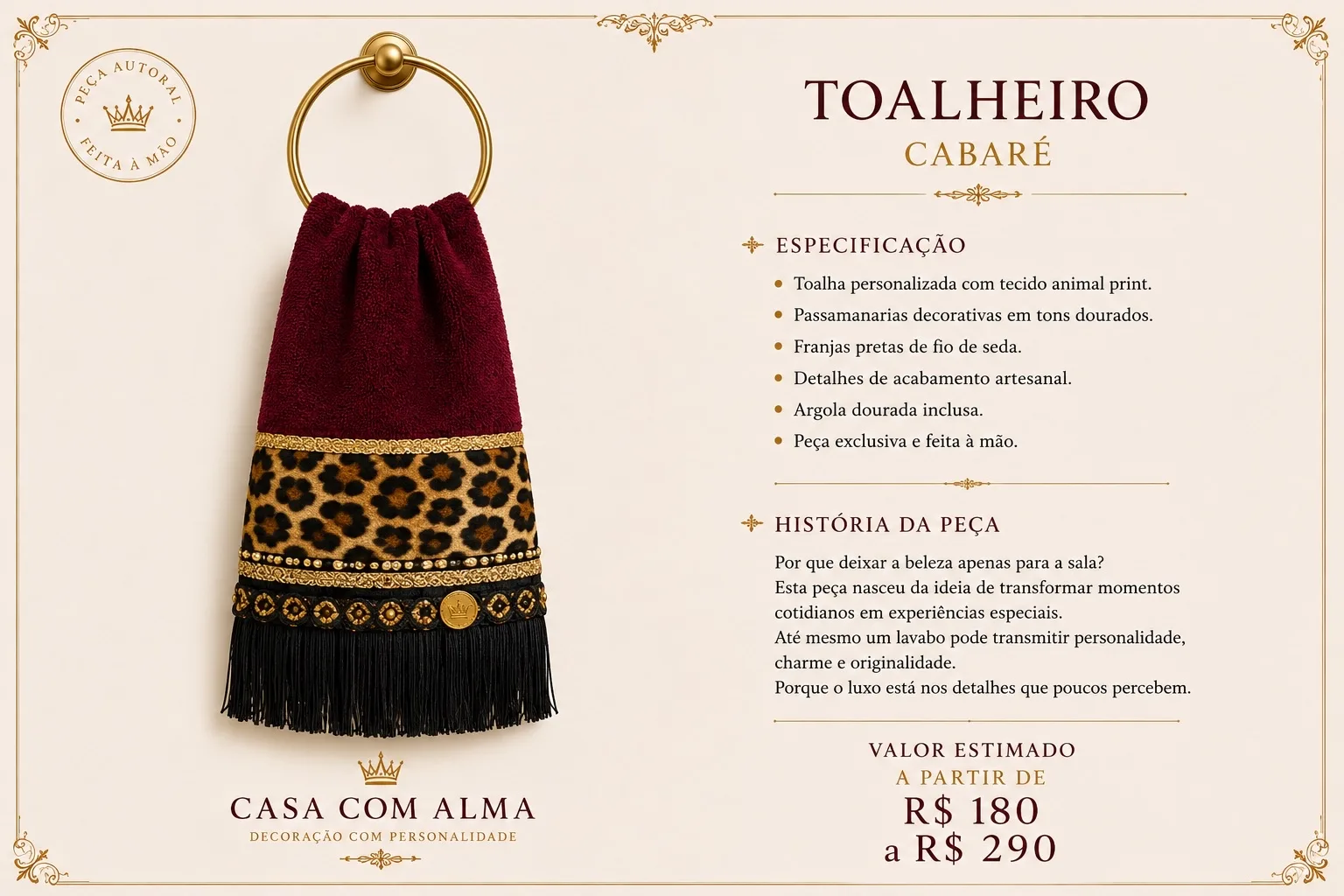 Página do produto Toalheiro Cabaré com especificação, história e valor.